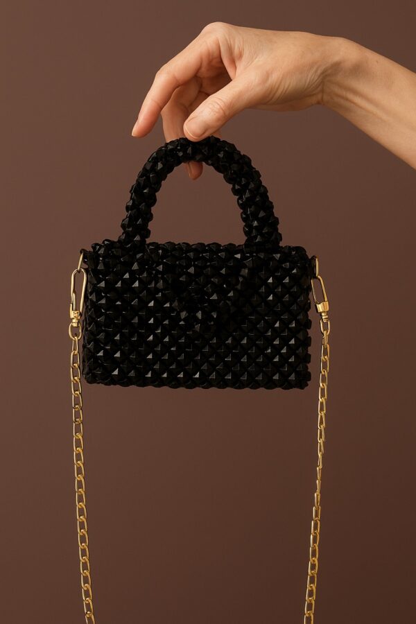 Midnight Sparkle – Handcrafted Mini Bag with Gold Chain